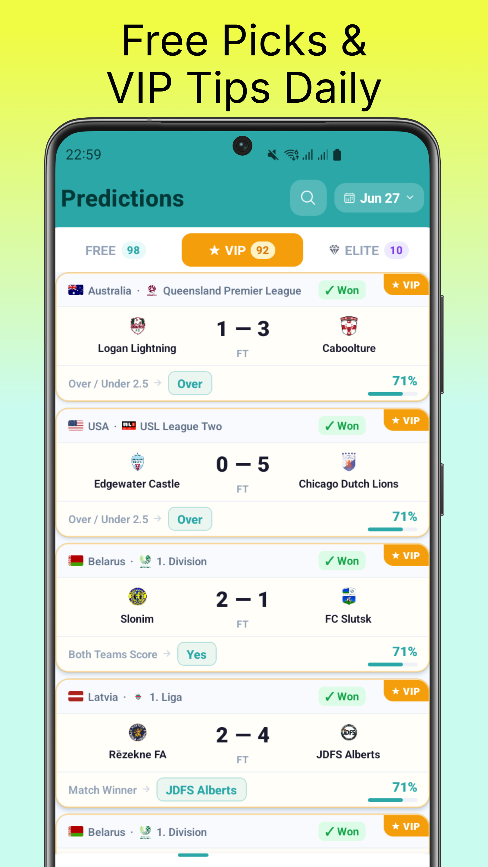YanaTips app screenshot showing AI football predictions